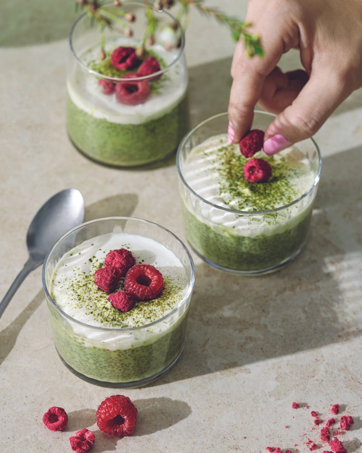 Matcha-chiapudding  med frystorkade hallon 
